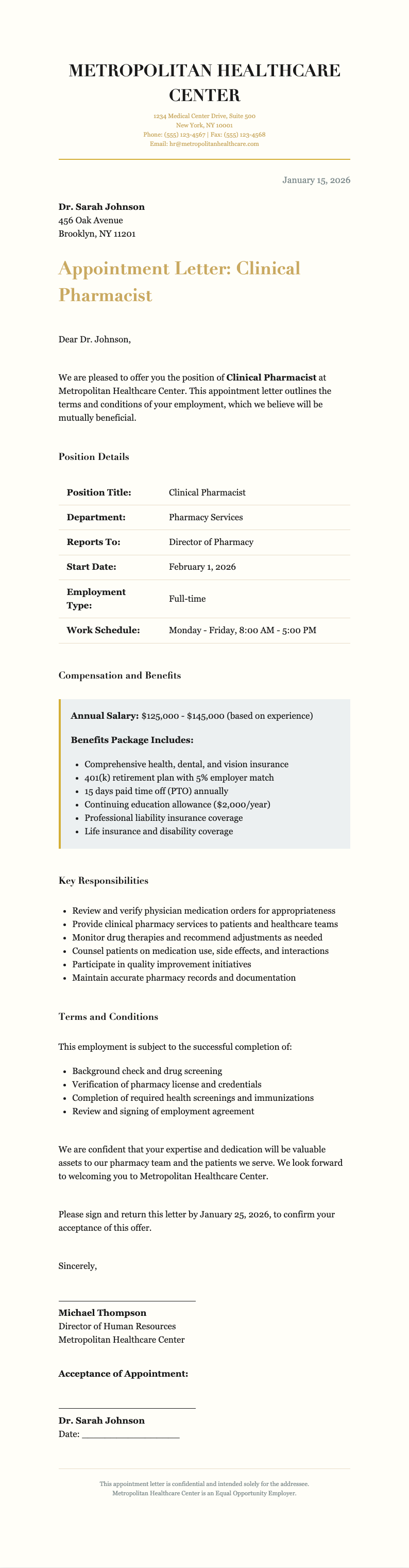Luxury premium pharmacist appointment letter